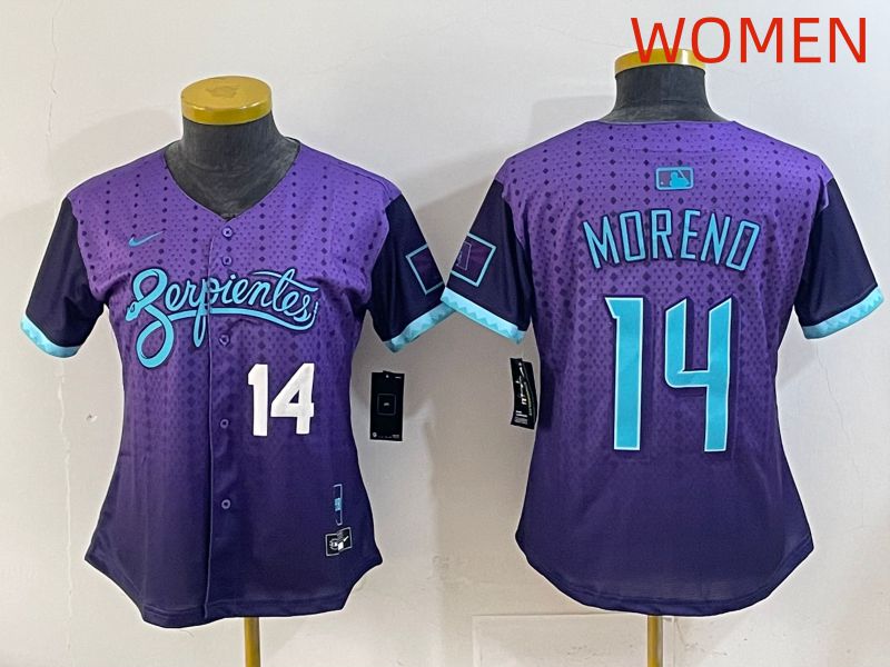 Women 2025 Arizona Diamondback #14 Moreno Purple Joint Name Nike MLB Jersey style 4->women mlb jersey->Women Jersey